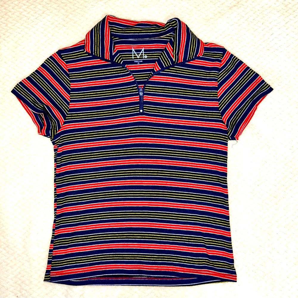 Zip up top with collar , multi color stripes , M